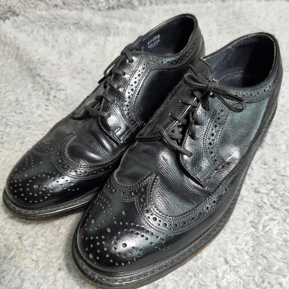 VTG Florsheim Longwing Wingtip 75675 Derby Black Leather Brogue Shoes Mens 8.5 D